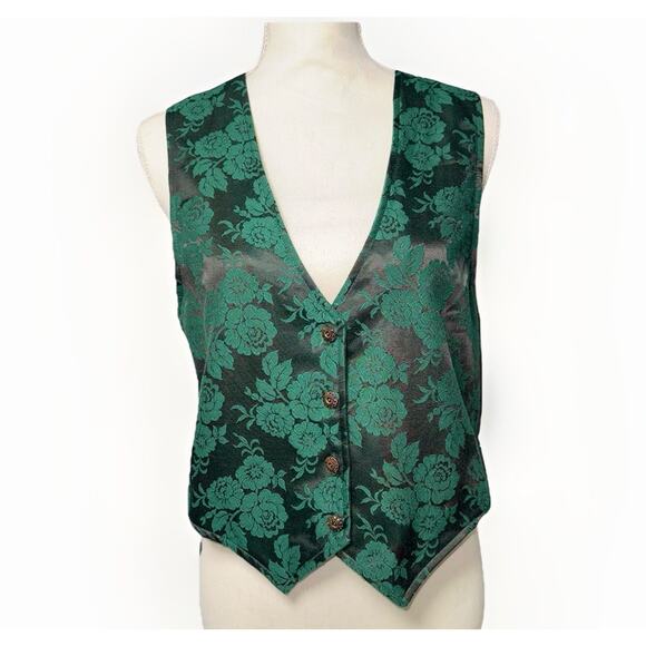 Vintage Ms Choice Women Small Green Black Floral Burnout Brocade Vest Tie Satin - Picture 1 of 5
